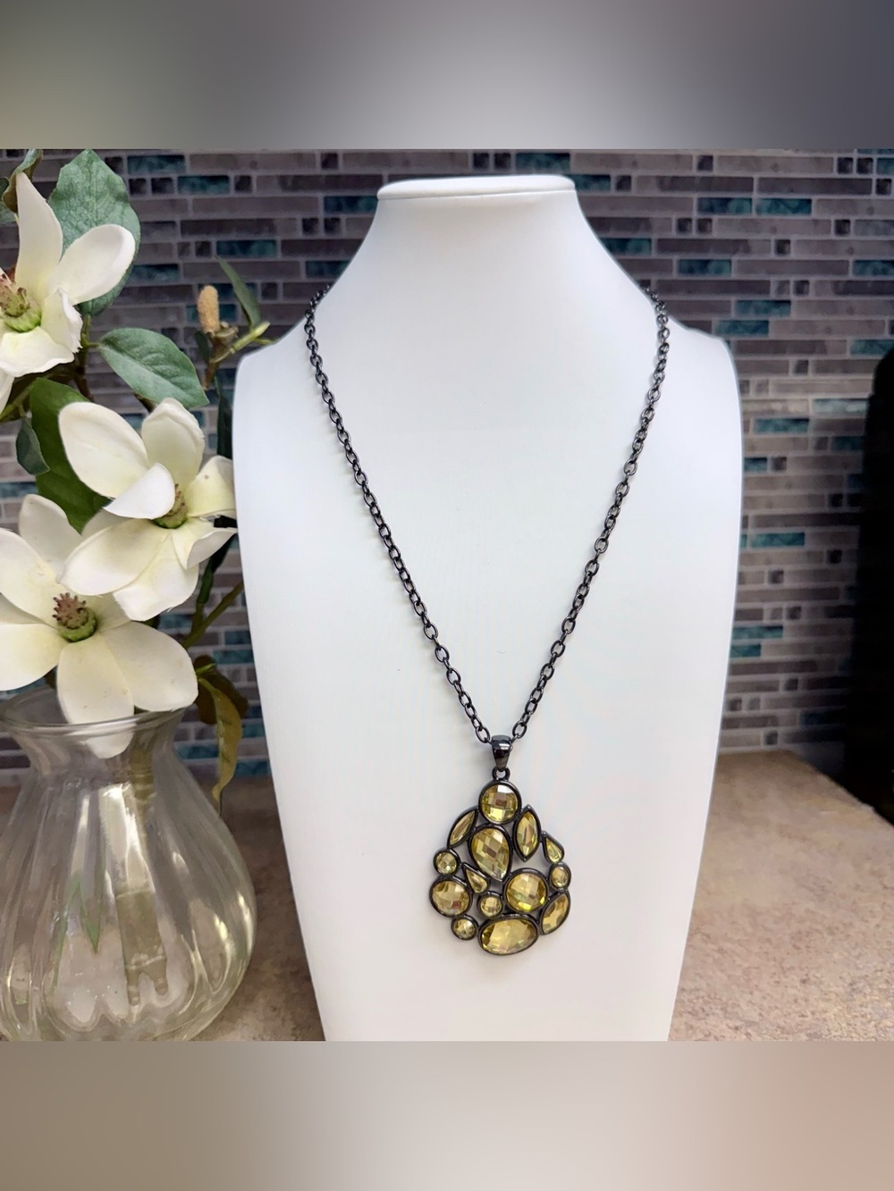 Lia Sophia RIO gunmetal hardware citrine yellow necklace